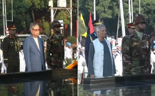 অনির্বাণে পুষ্পস্তবক অর্পণ করে মুক্তিযুদ্ধের শহীদদের প্রতি শ্রদ্ধা জানিয়েছেন রাষ্ট্রপতি মো.সাহাবুদ্দিন ও প্রধান উপদেষ্টা 