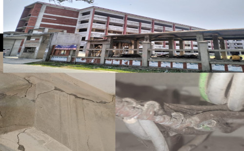 যথাসময়ে নির্মাণ কাজ সমাপ্ত না হওয়ায় বাধাগ্রস্থ হচ্ছে শিক্ষা কার্যক্রম    নির্মাণ কাজ শেষ না হতেই মুল ভবনের বিভিন্ন অংশে ফাটল 
